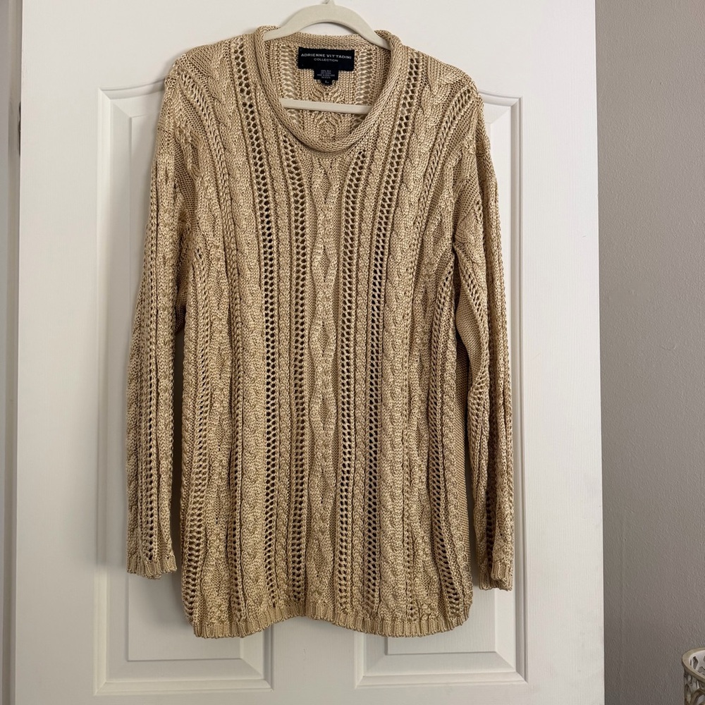 Vintage Adrienne Vittadini 100% Silk Cable Knit Sweater Quiet Luxury Tan Size L